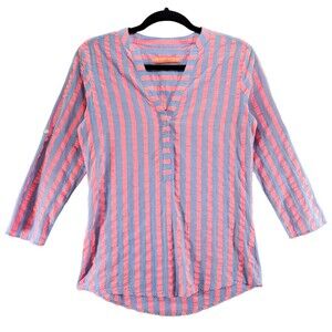 S Vilagallo Vertical Stripe Cotton Henley Blouse Top Shirt Neon Pink Blue